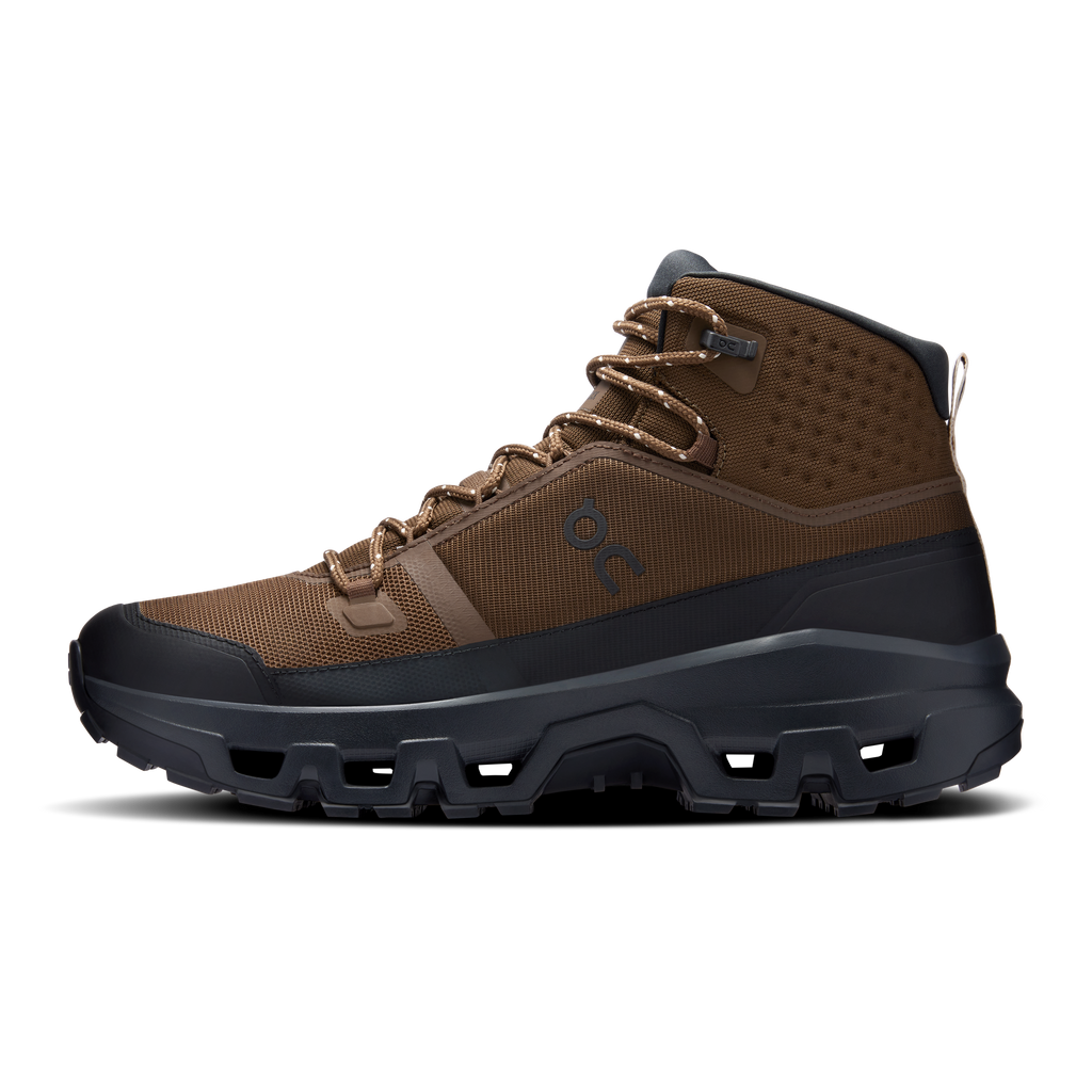 Men's mid waterproof hiking shoe with brown perforated panels, lace-up closure, logo