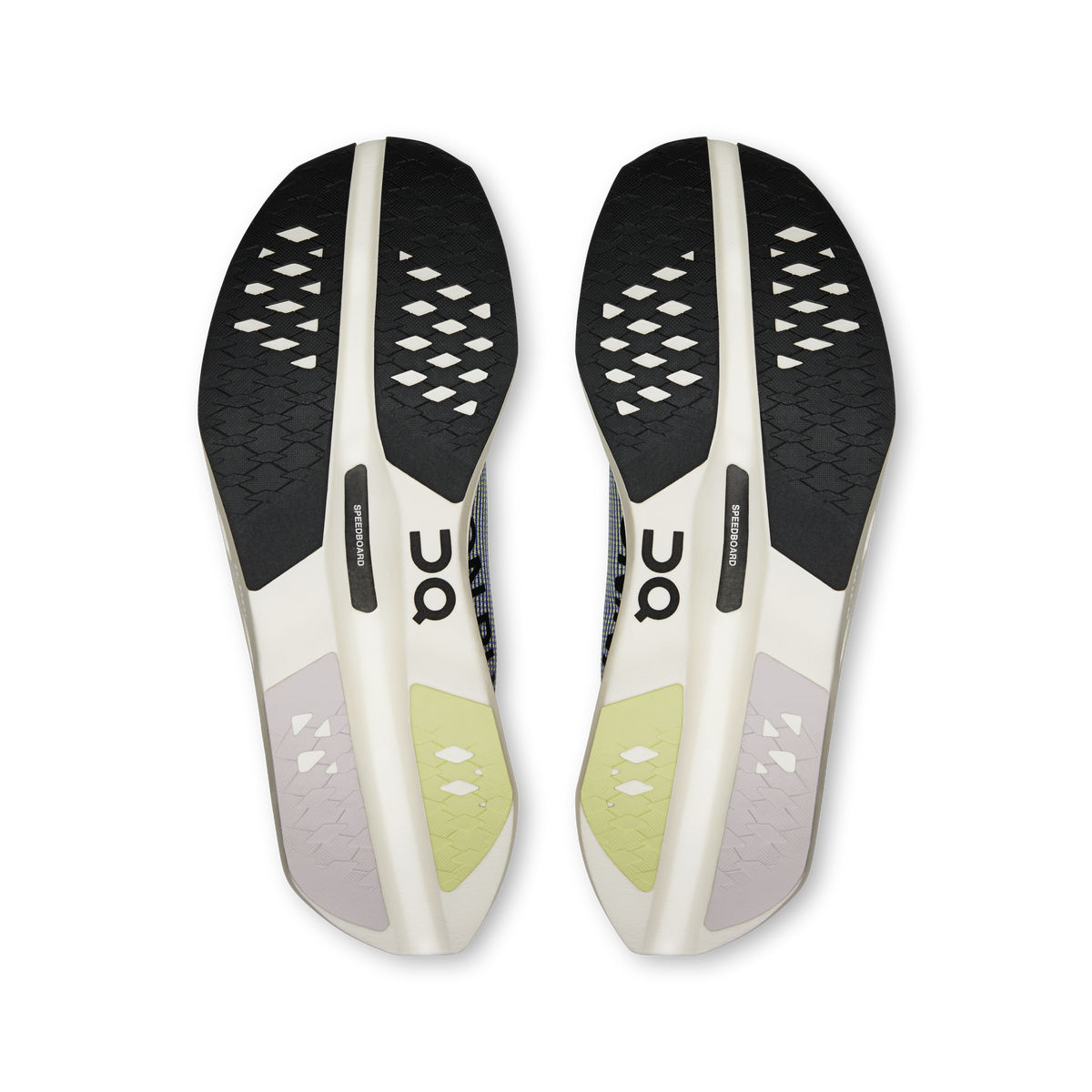 Cloudboom Volt outsoles, black traction pattern with white midsoles and yellow details