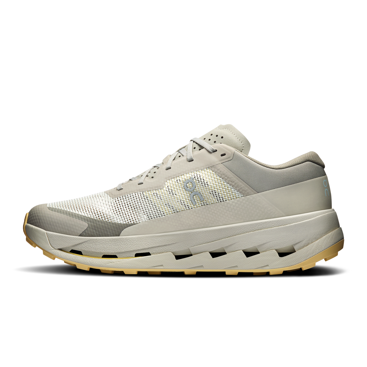 Men's running shoe side profile in light gray mesh, lace-up design, thick sole
