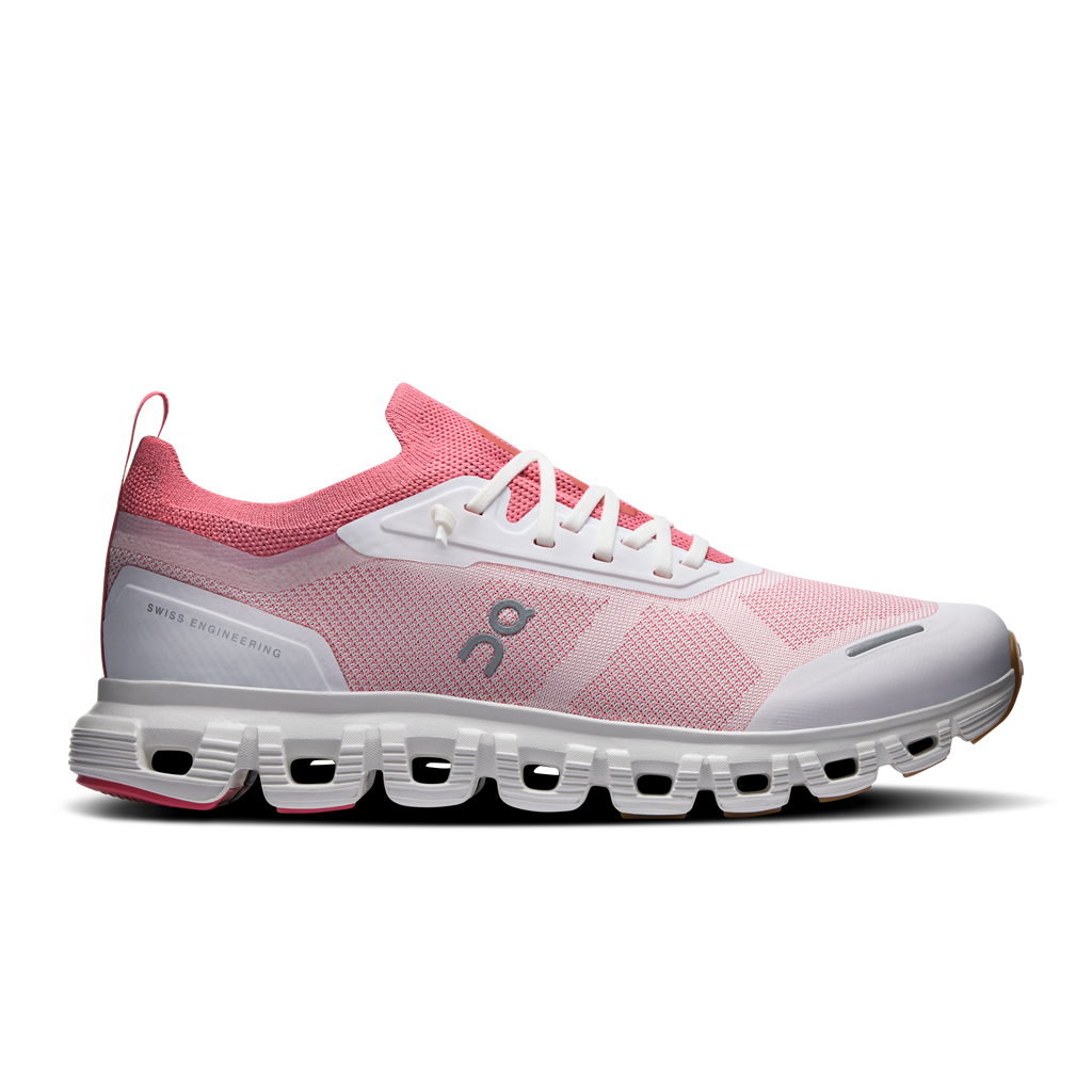 Women's running shoes in pink mesh with white laces and gray CloudTec sole