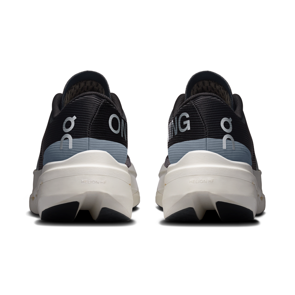 On men's running shoes, back view with black heel, blue accent stripe, white midsole