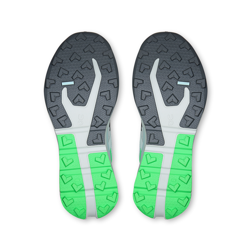 On Cloudvista 3 shoe outsoles with grippy traction, dark gray and neon green