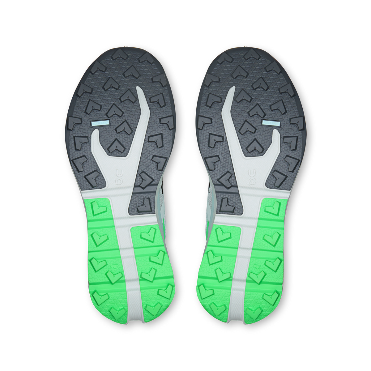 On Cloudvista 3 shoe outsoles with grippy traction, dark gray and neon green