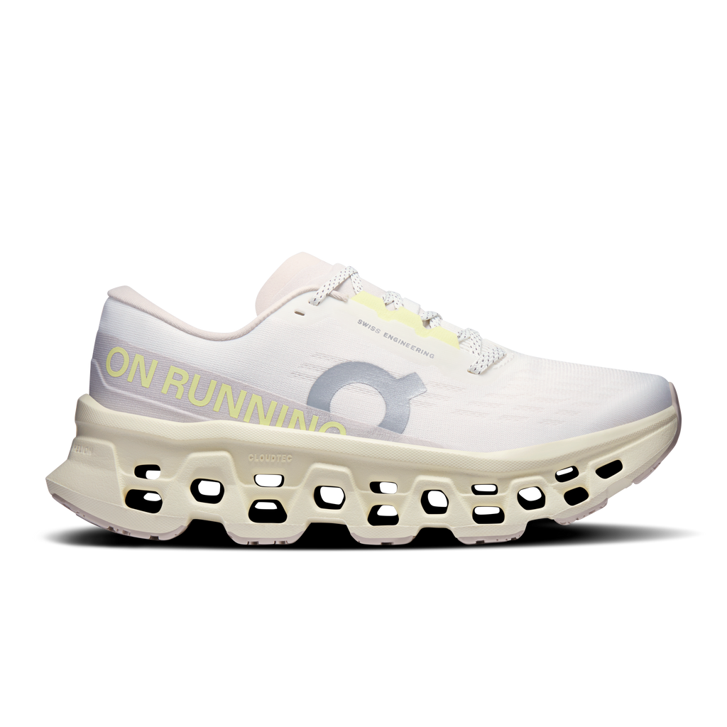 Women’s On Cloudmonster 3 shoes, ivory knit upper with green-yellow accents