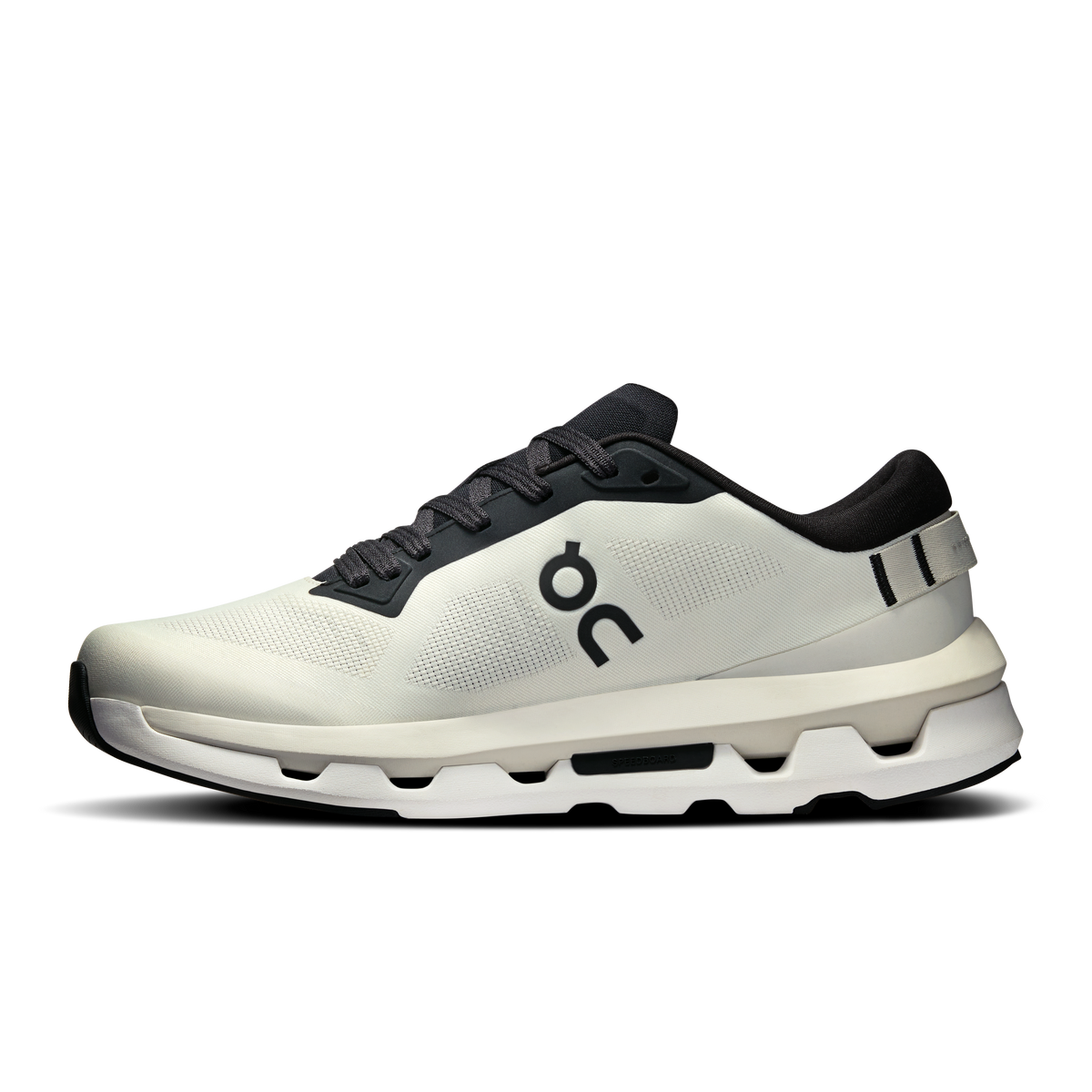 Ice white running shoe with black laces and side logo detail