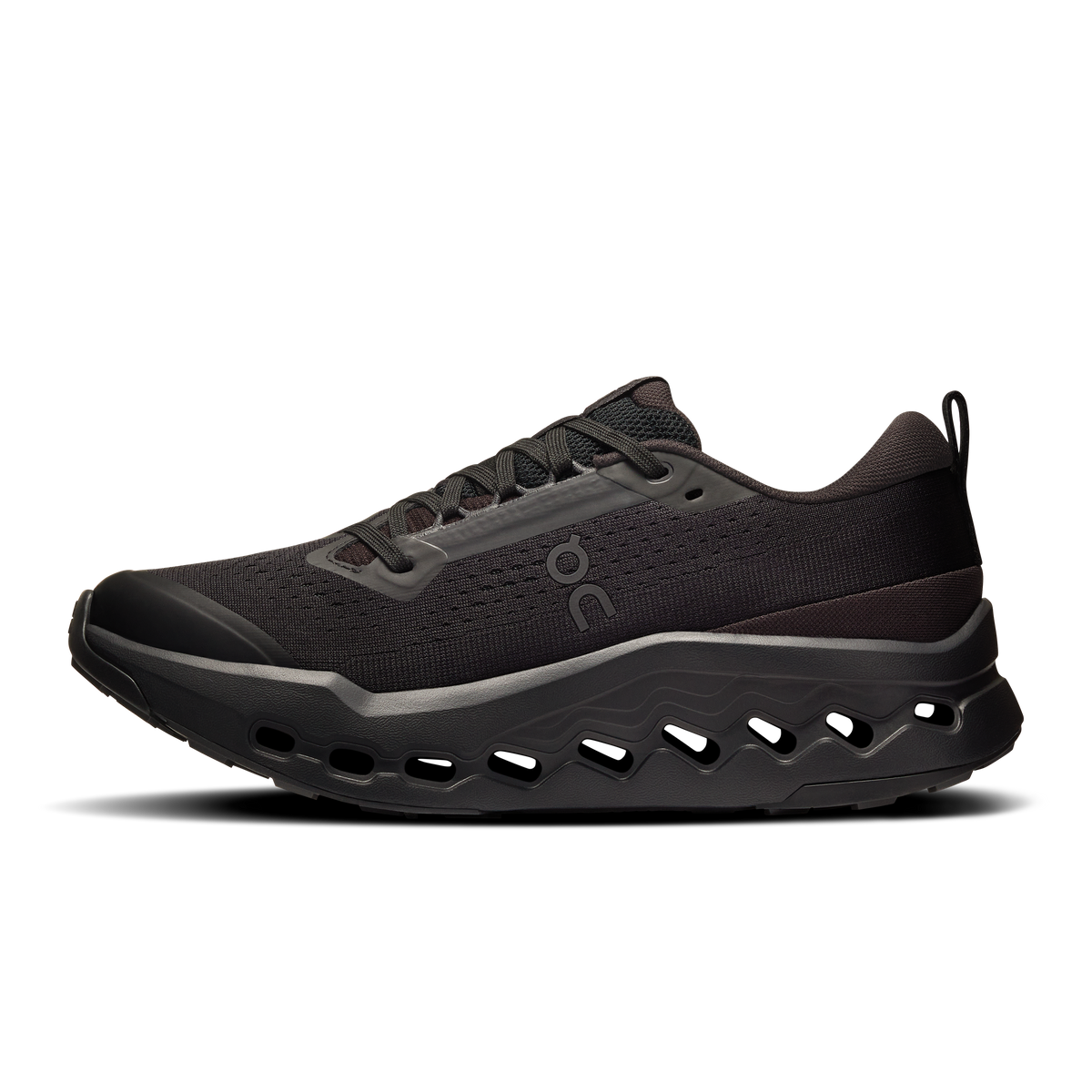 Women’s black trail running shoes, front-side view with lace-up upper and rocker sole
