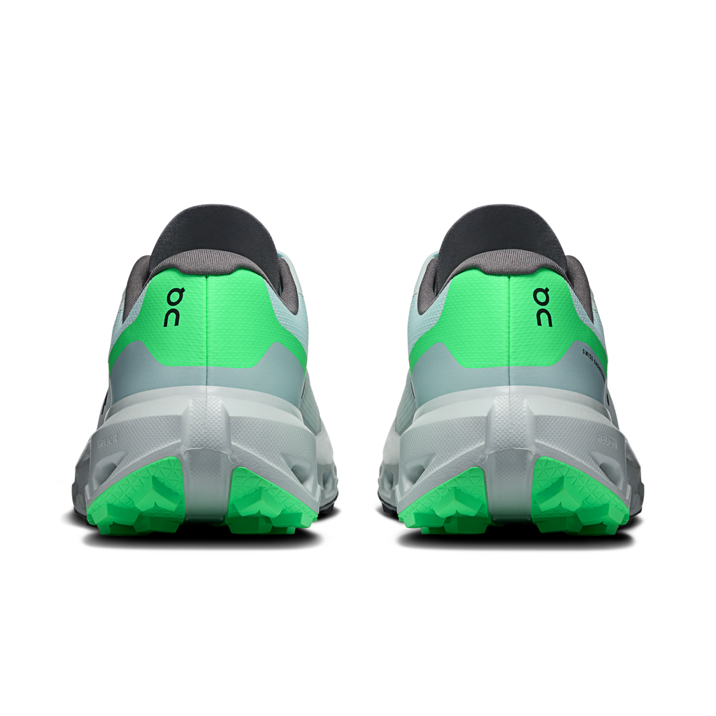 On Cloudvista 3 shoes, rear view with neon green heel panels and gray outsole