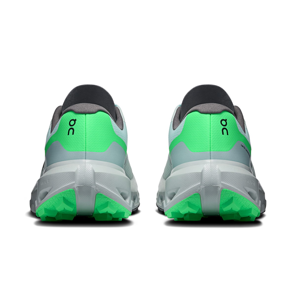 On Cloudvista 3 shoes, rear view with neon green heel panels and gray outsole