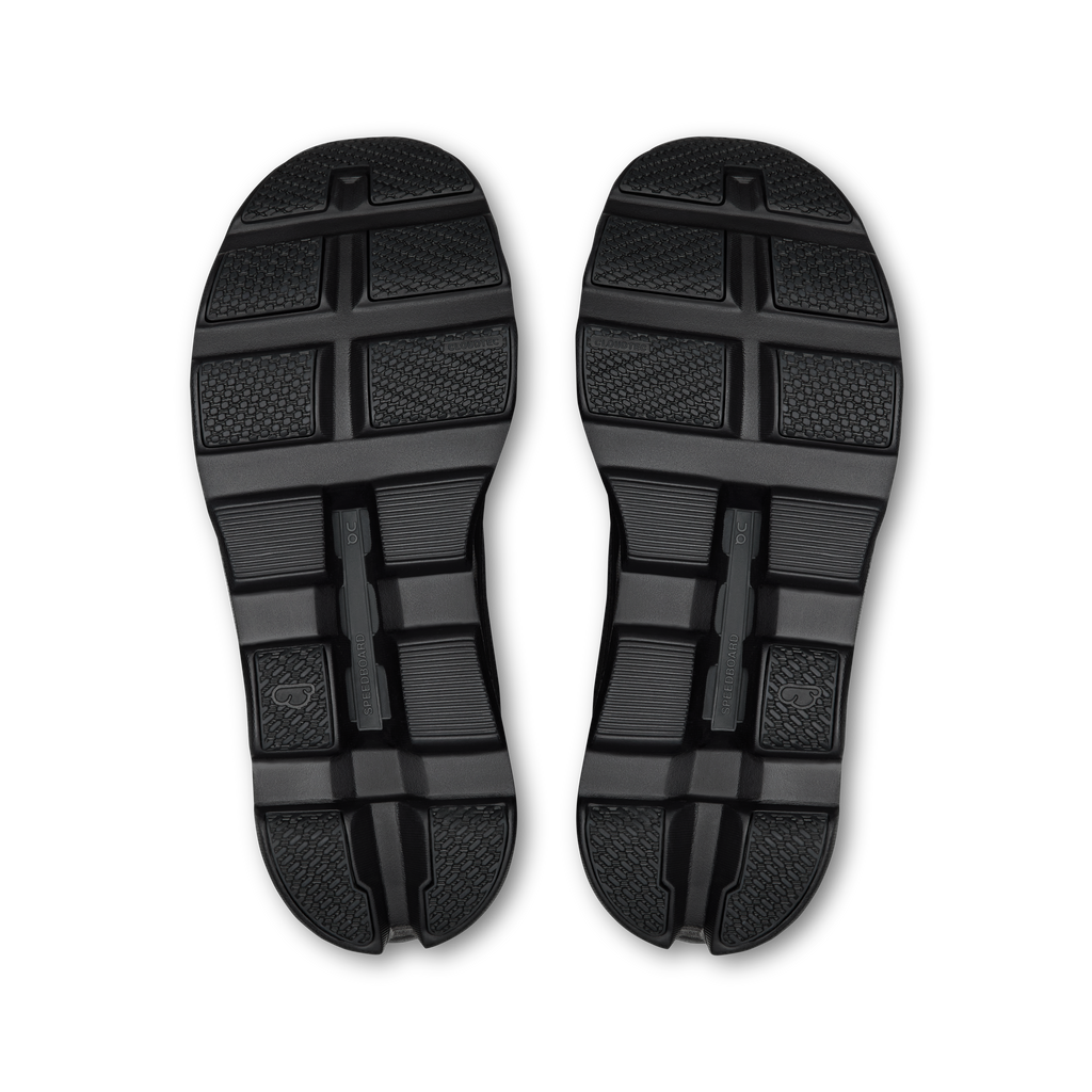 Women's black running shoes, pair showing patterned rubber tread outsole