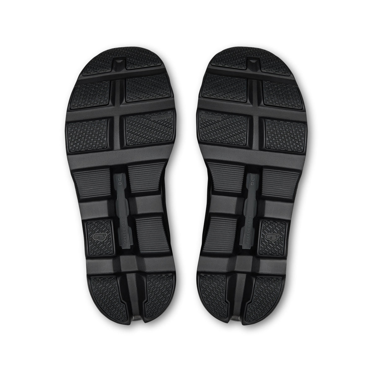 Women's black running shoes, pair showing patterned rubber tread outsole