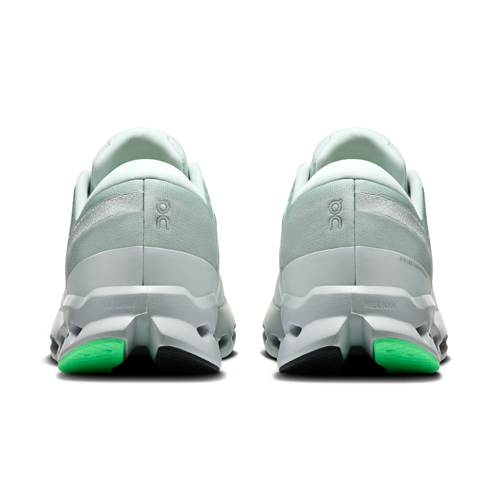 Men's On Cloudsurfer 2 shoes, rear view with mint heel counter and green trim