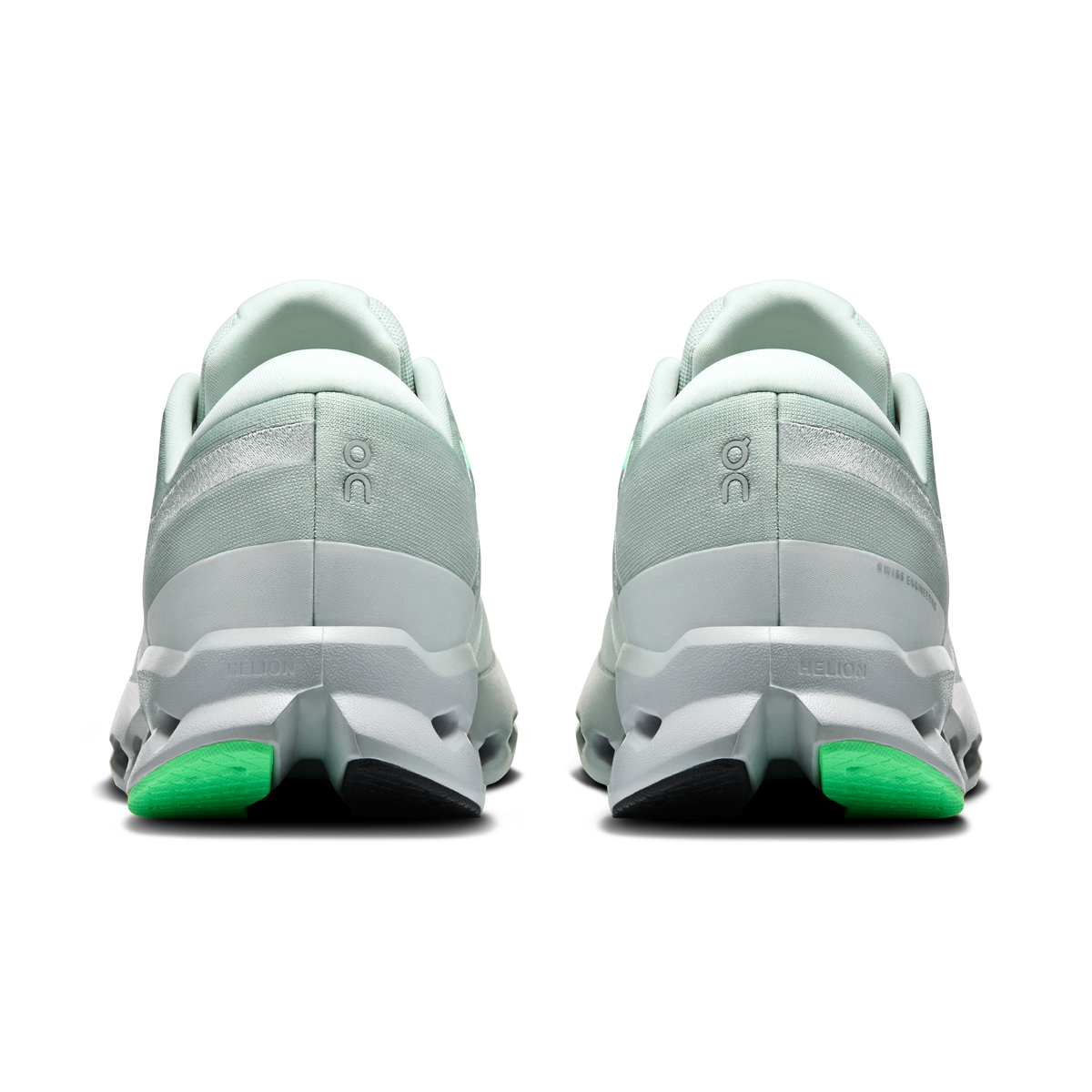 Men's On Cloudsurfer 2 shoes, rear view with mint heel counter and green trim