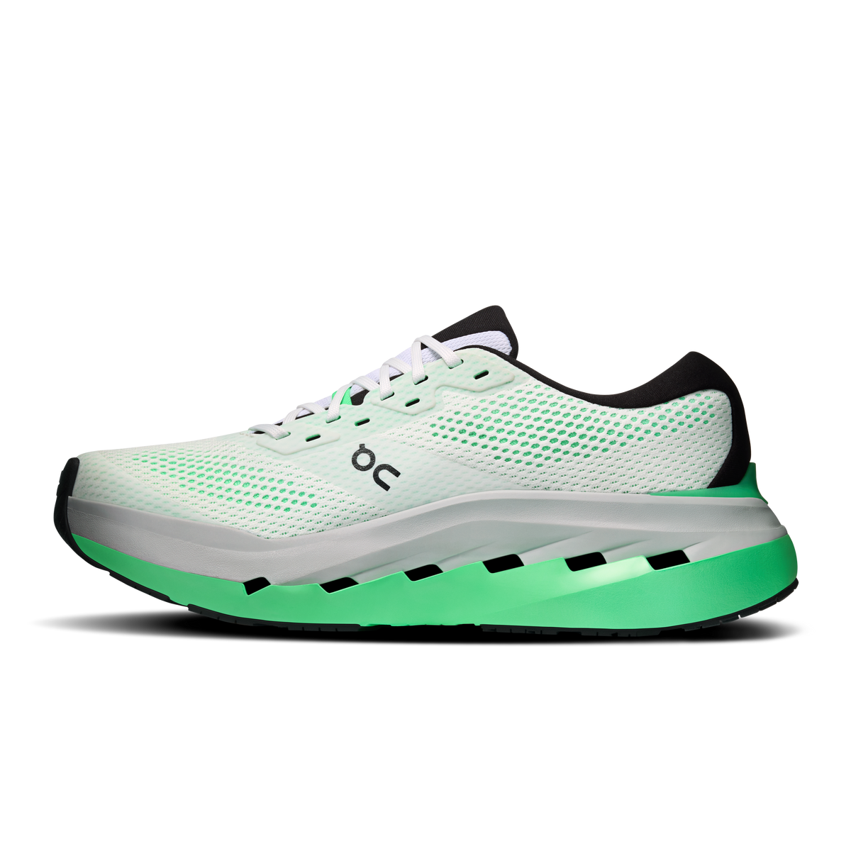 Men's running shoe with white perforated upper and green-and-gray midsole