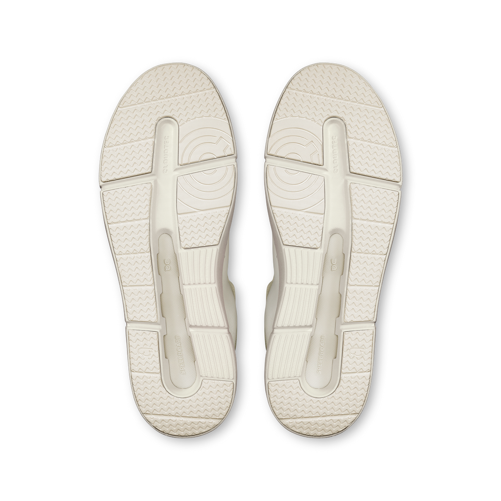 Pair of white On Running Roger Advantage shoe outsoles with tread and logo panels