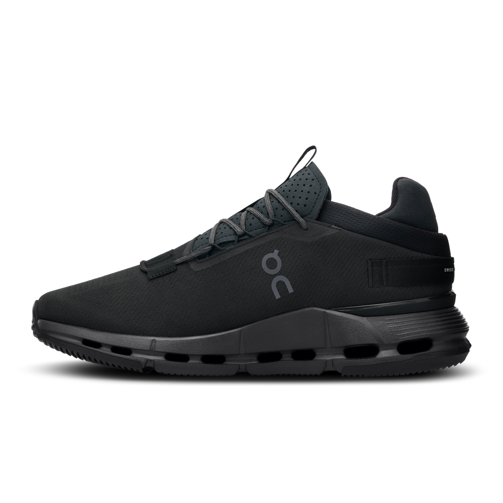 Women’s black lace-up running shoes with padded collar and side On logo