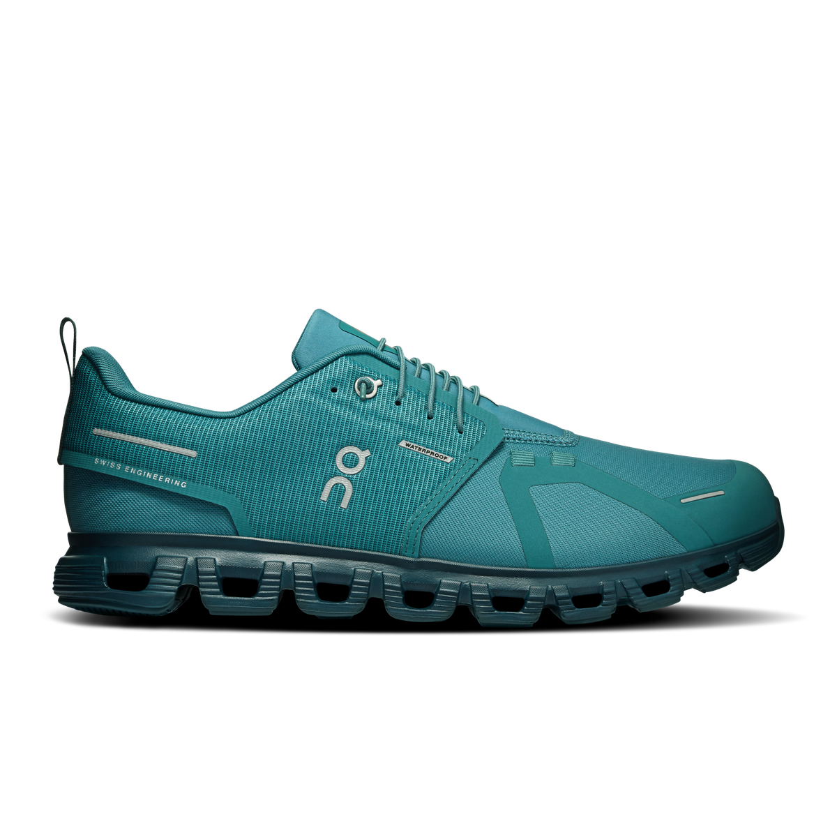 Men's waterproof running shoes, teal knit upper with lace-up closure and CloudTec sole