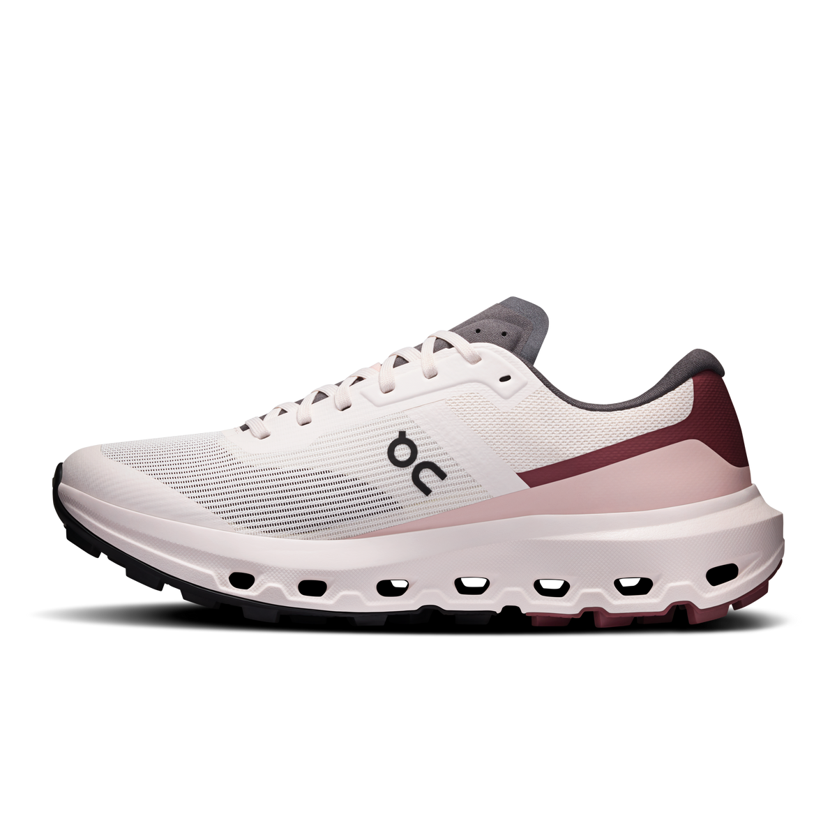 Women's running shoes, white knit with maroon stripe detail and cushioned CloudTec sole.