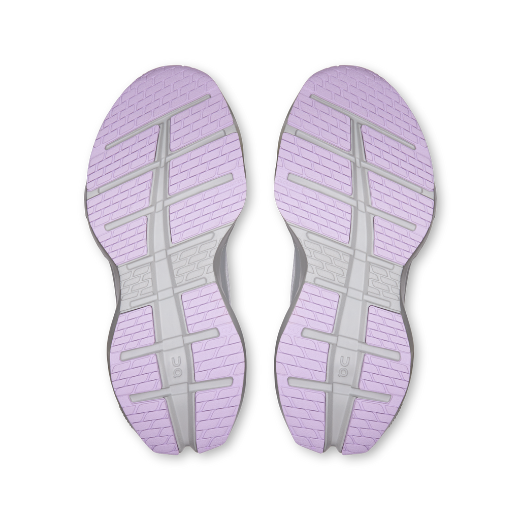 On Cloudrunner 3 Max shoe outsoles, purple tread pattern with gray traction pods