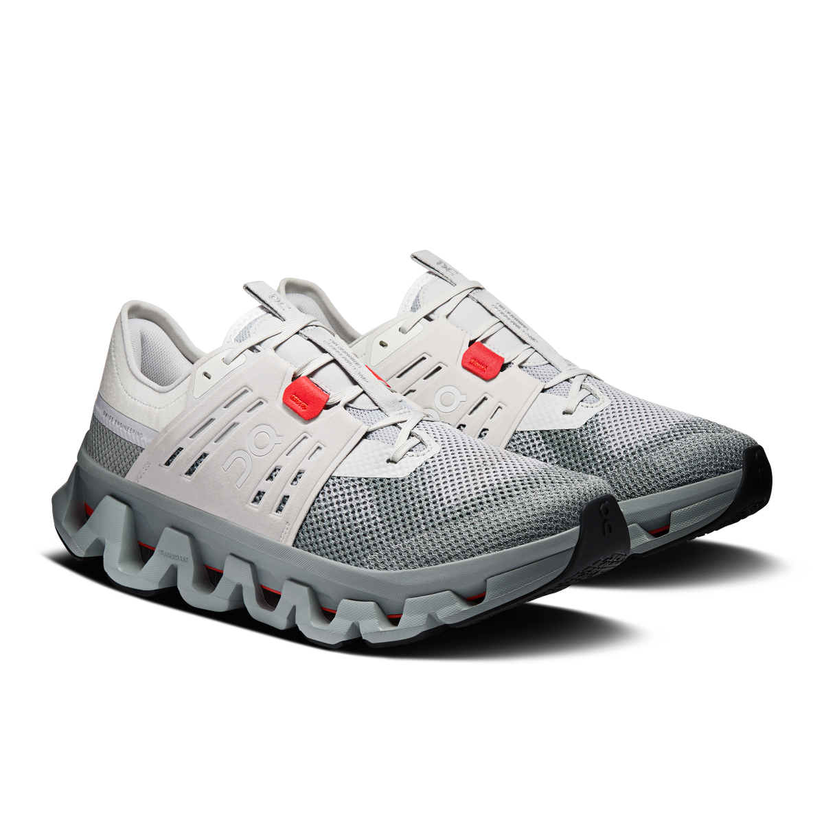Men's On Running Cloudswift Amp shoes, lace-up gray knit with red hook-and-loop accents
