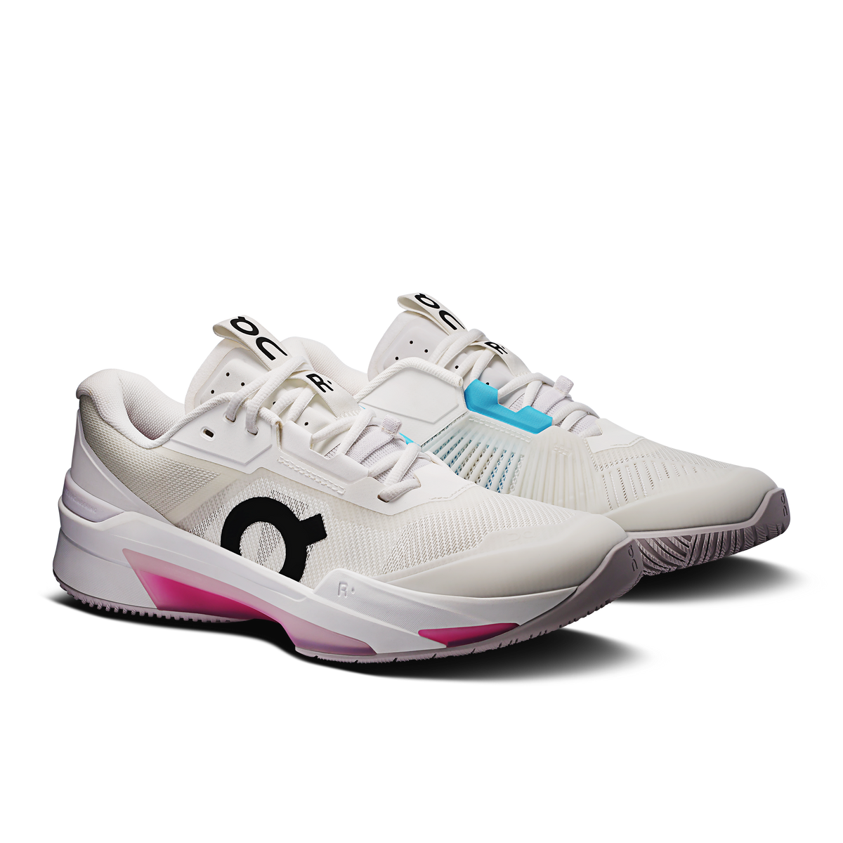 Men's On Running Roger Pro Fire shoes, white with teal details and pink outsole edge