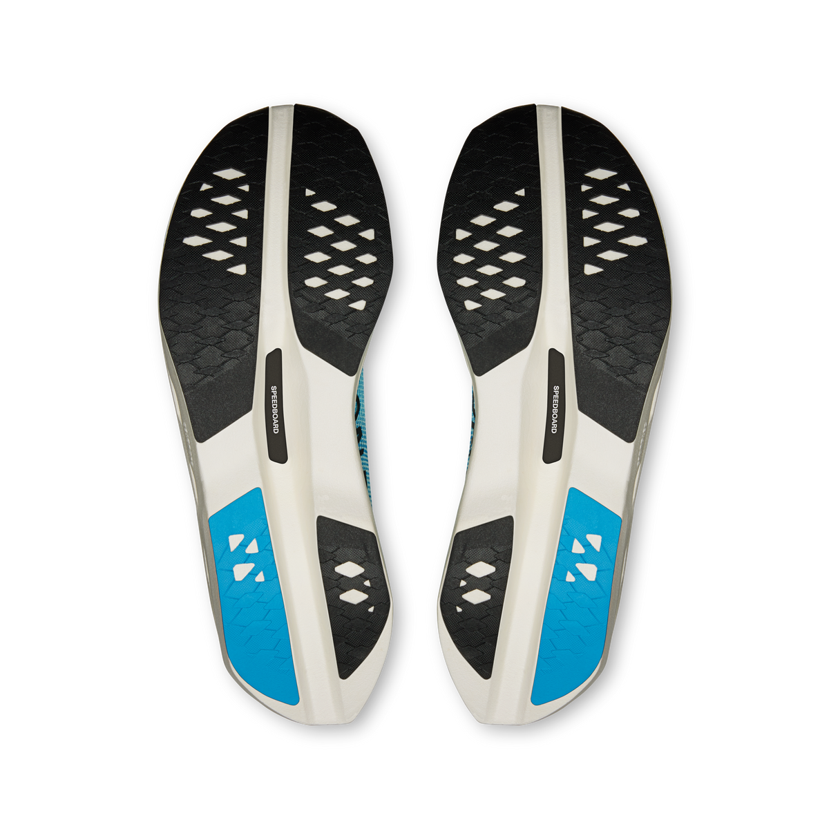 Men's On Cloudboom Volt shoe outsoles, black tread with white and blue inserts