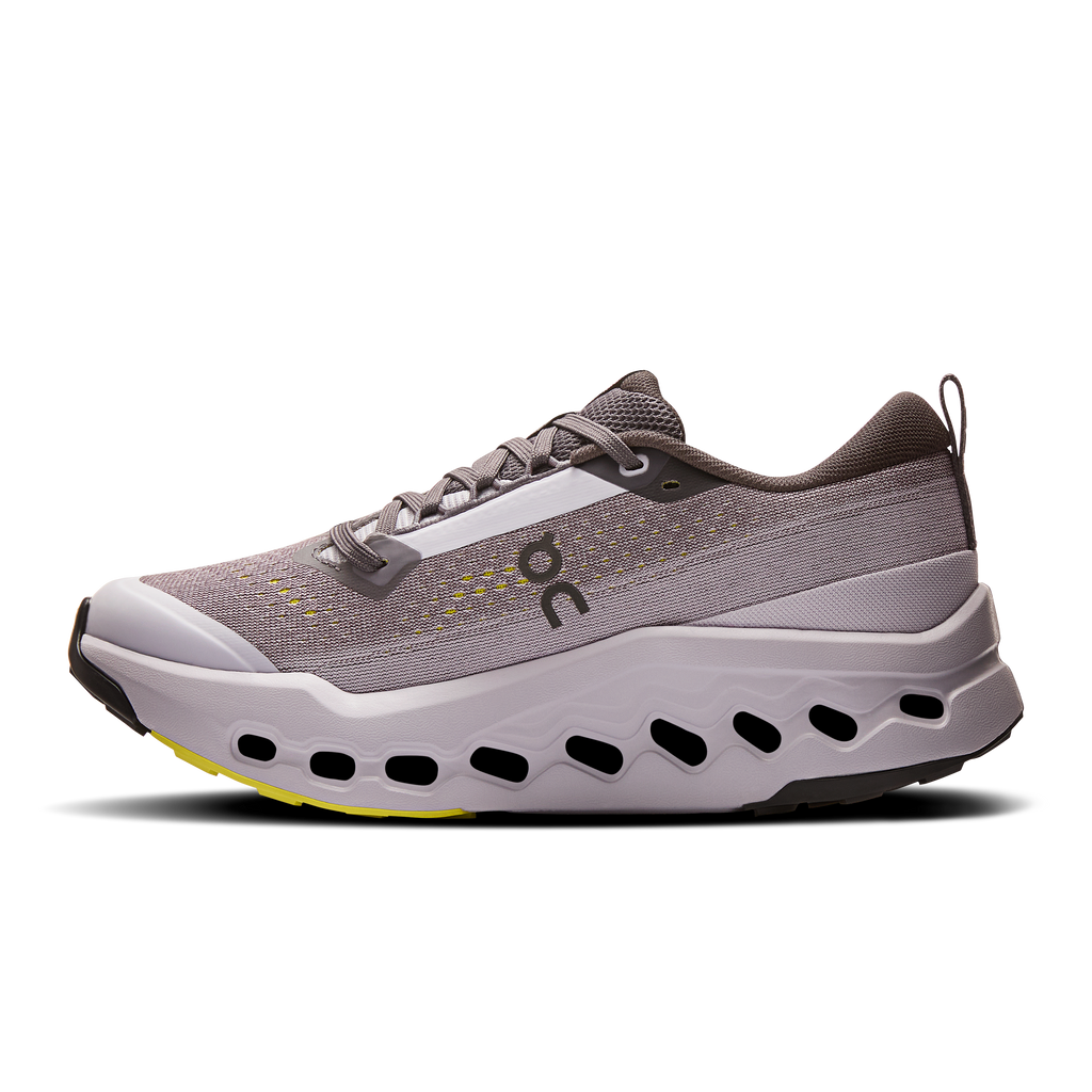 Women's trail running shoes, gray upper with lace-up and white midsole, yellow trim