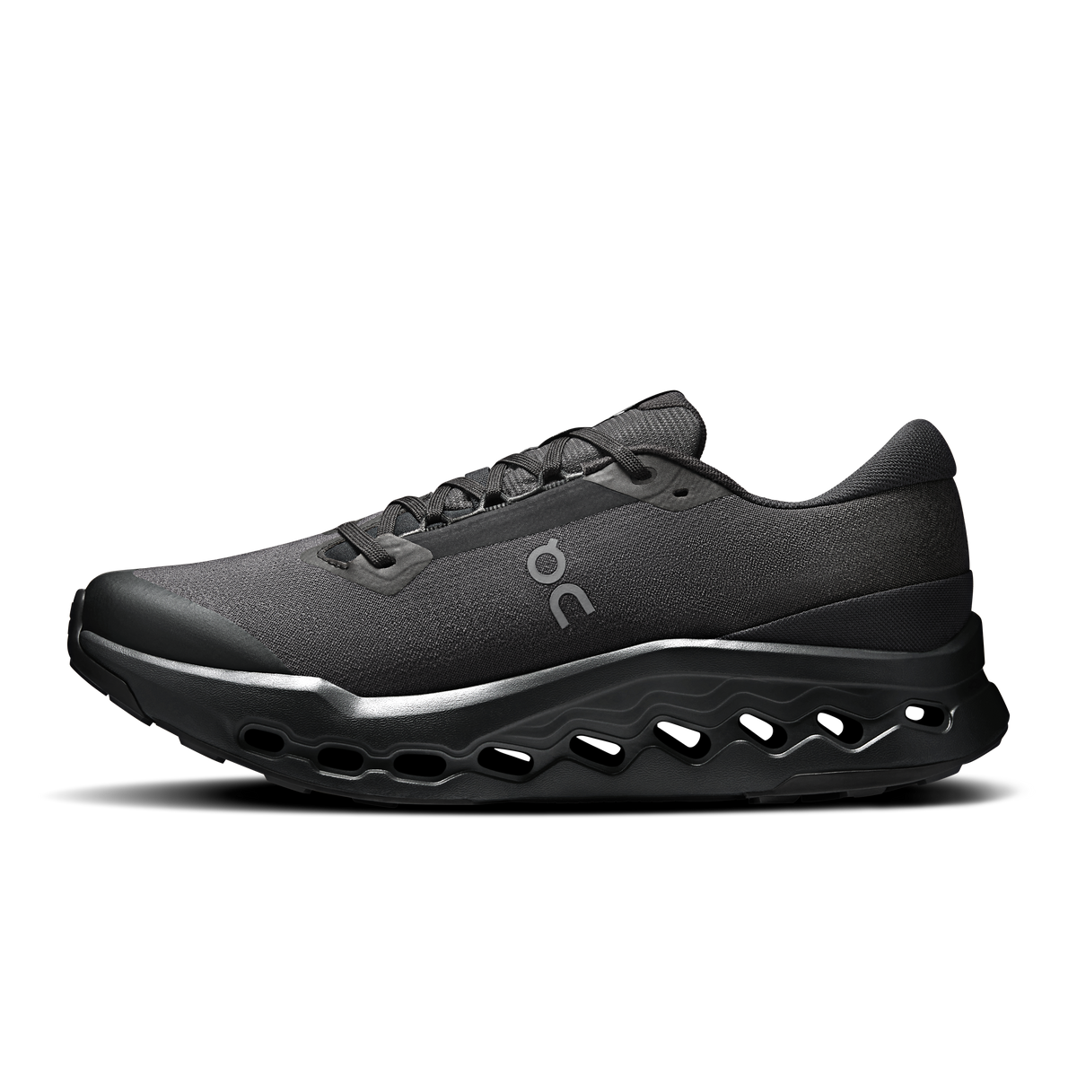 Men's black waterproof trail running shoe side view with textured upper and CloudTec sole