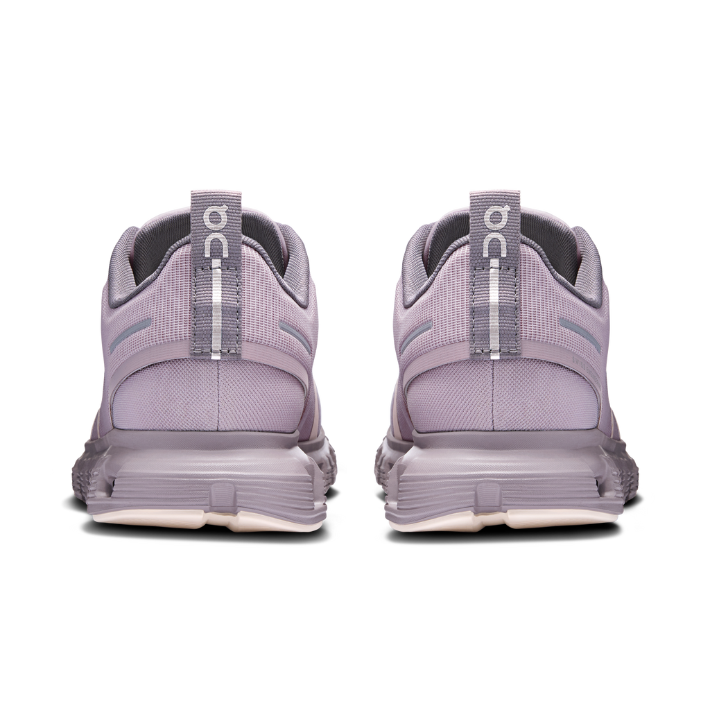 Heel view of mauve running shoes with padded collar and CloudTec sole