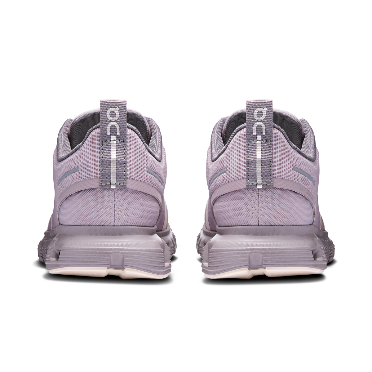 Heel view of mauve running shoes with padded collar and CloudTec sole