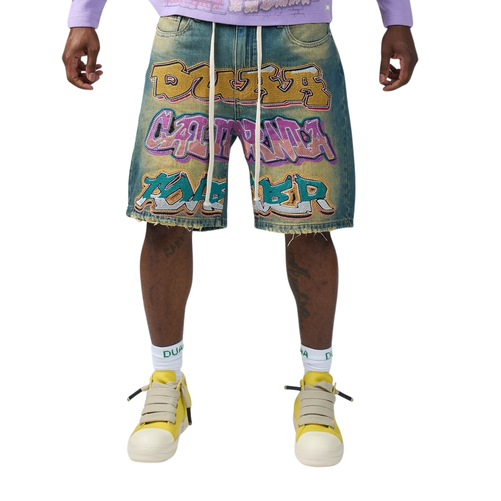 Men's wall blue denim shorts with colorful graffiti graphic