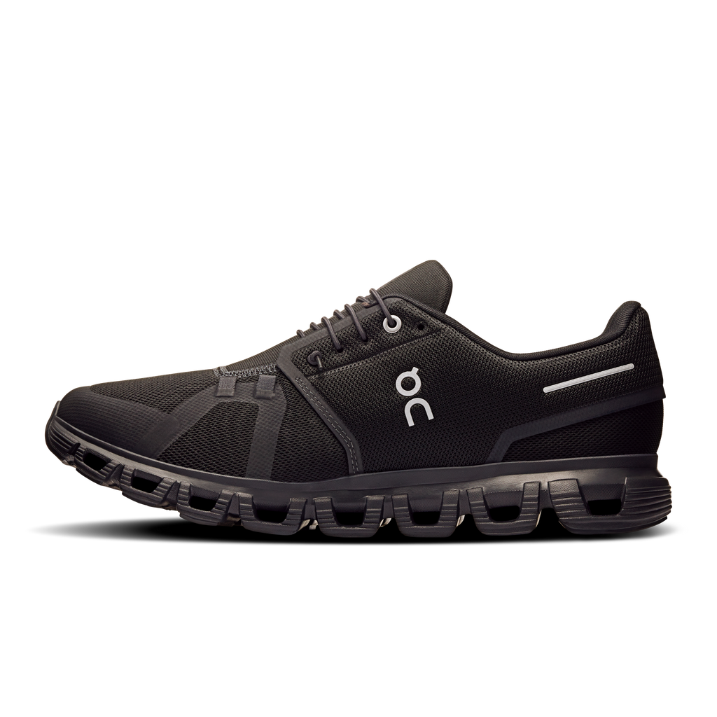Men's black lace-up running shoes with padded collar and cushioned sole