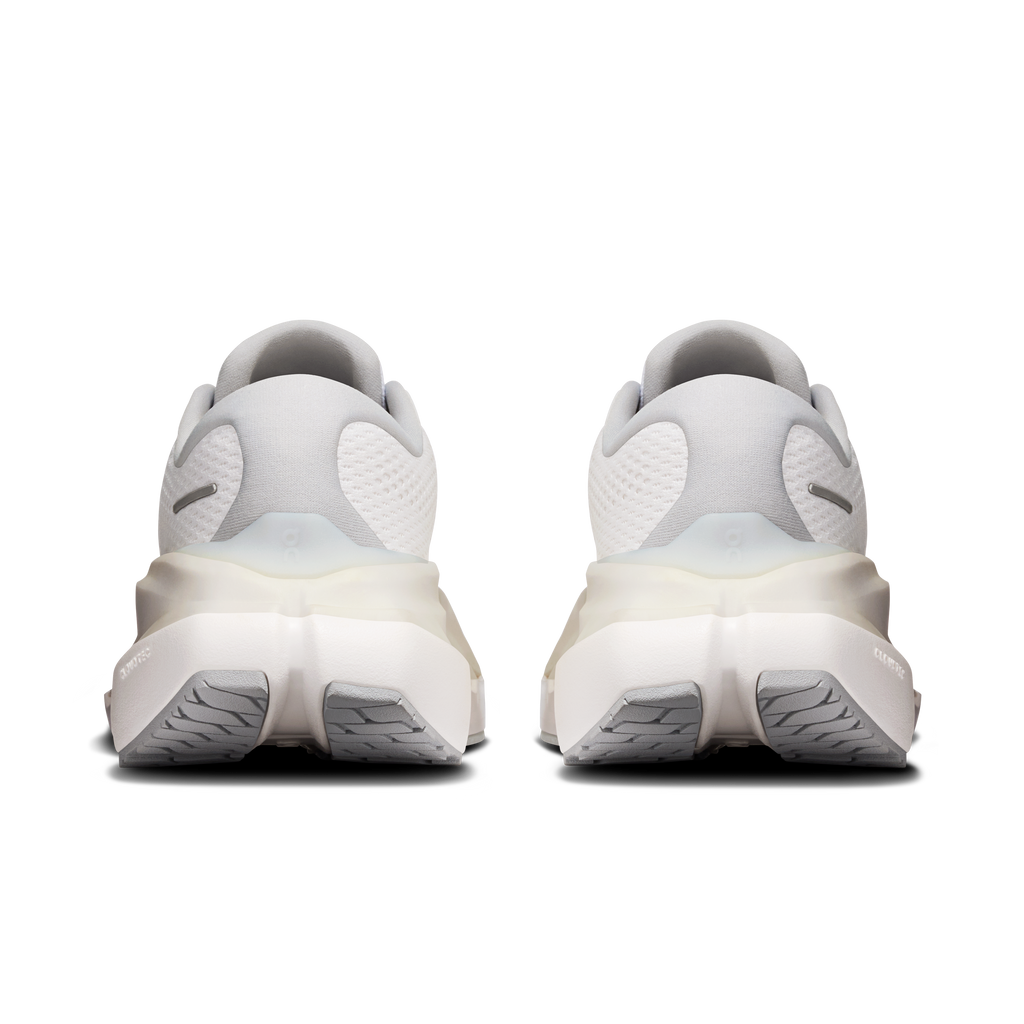 Women's running shoes, heel view with white cushioning and gray accents