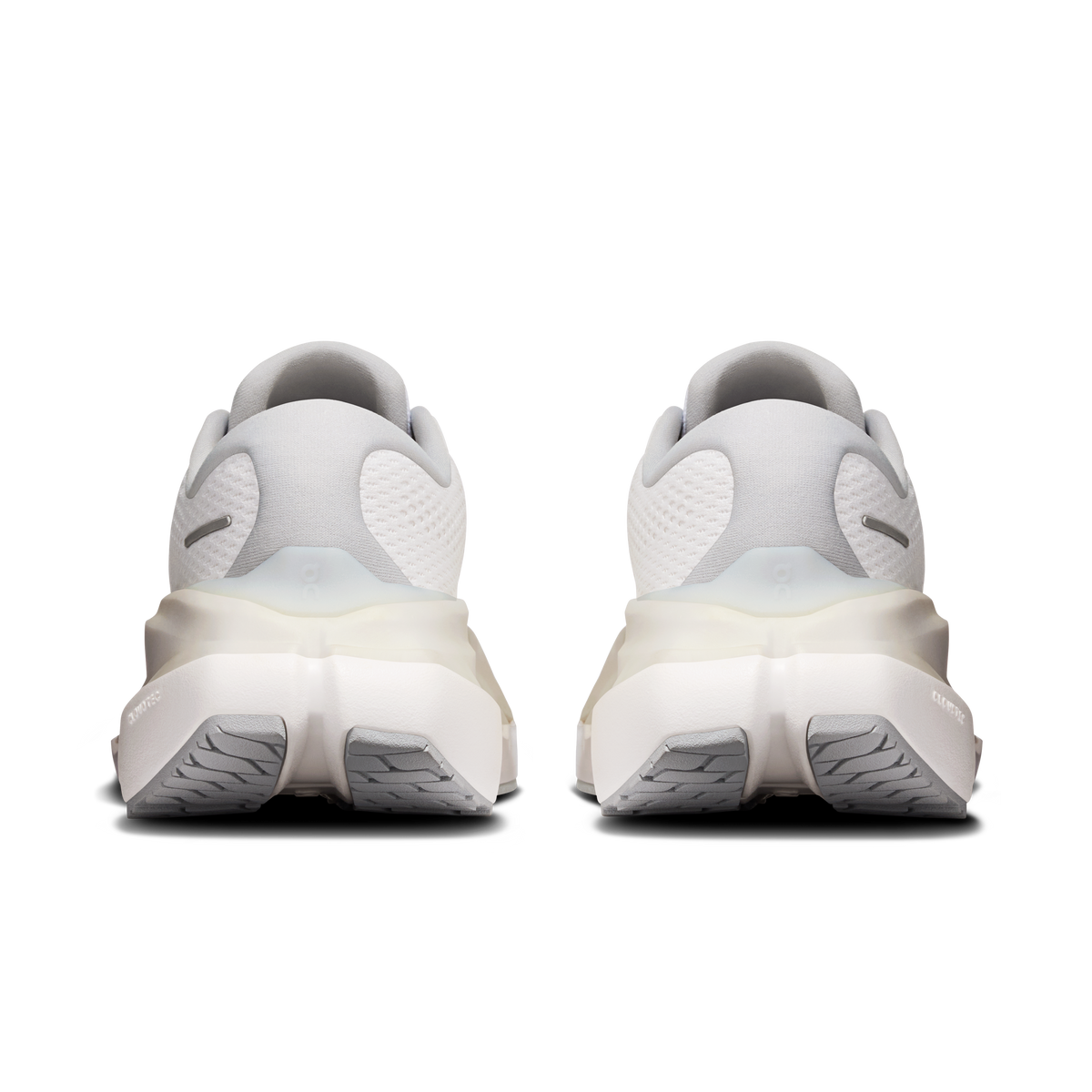 Women's running shoes, heel view with white cushioning and gray accents