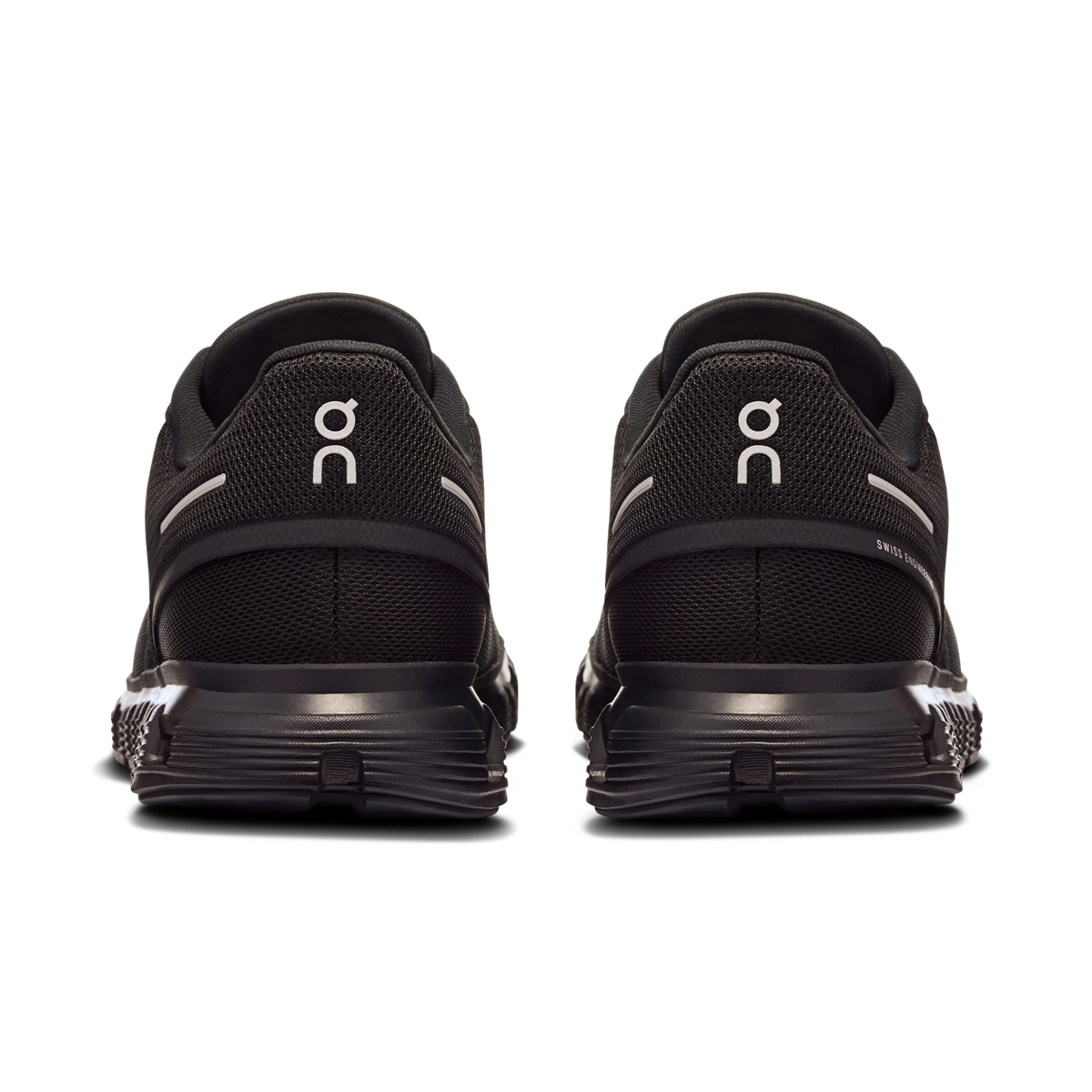 Men's black running shoes showing heel branding and cushioned back panel