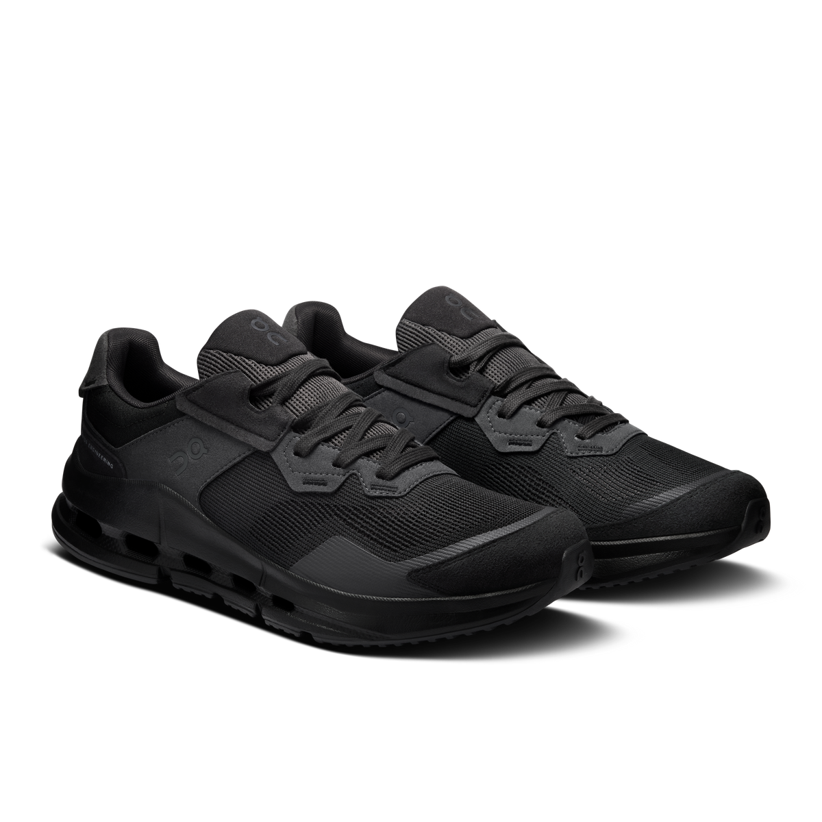 Men's black running shoes with lace-up design, padded collar, and rubber tread