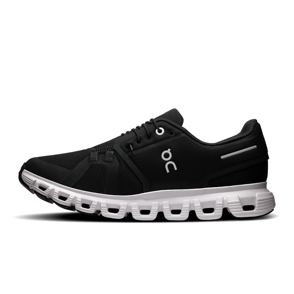 Black women’s running shoes with On logo, lace-up mesh upper and white sole pods