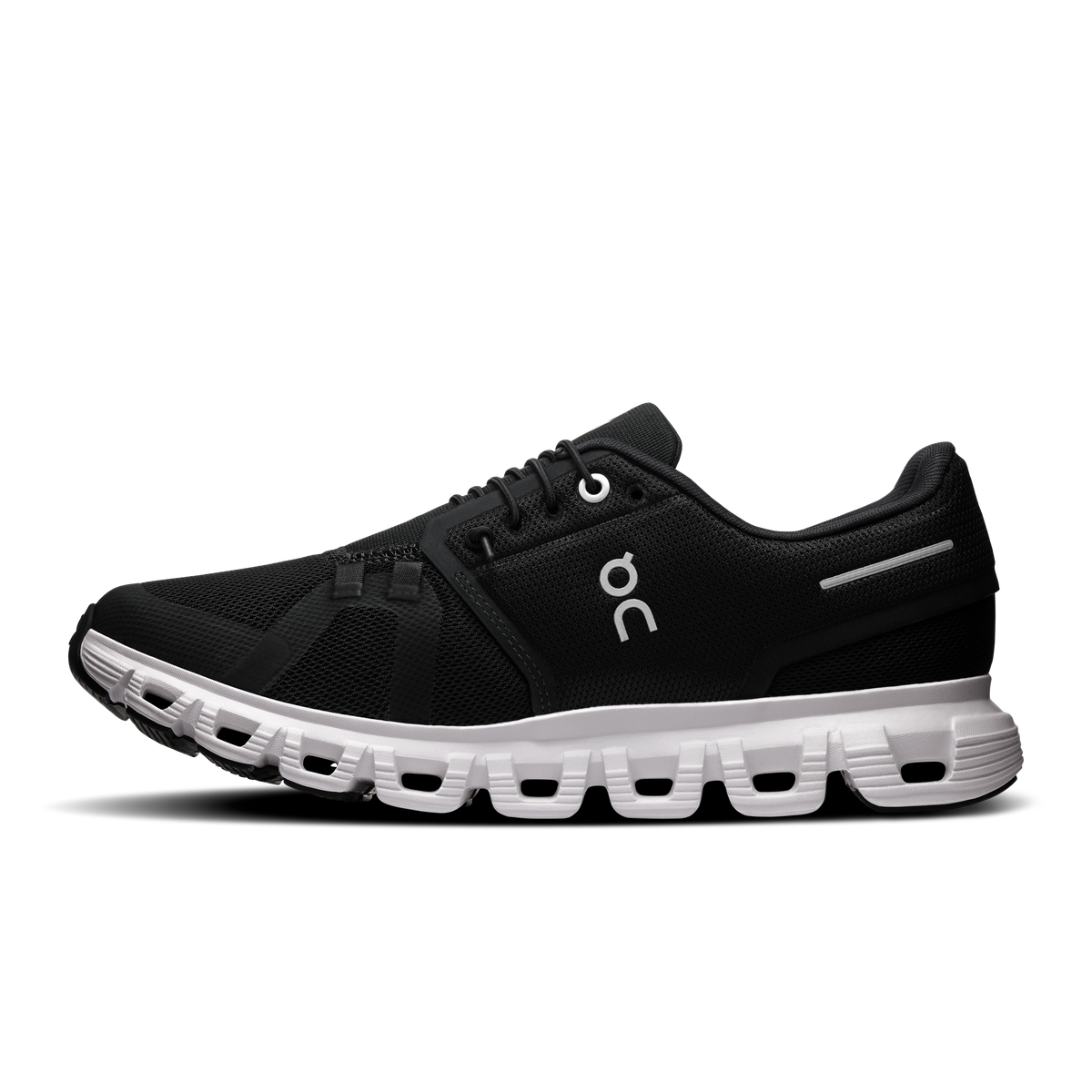 Black women’s running shoes with On logo, lace-up mesh upper and white sole pods