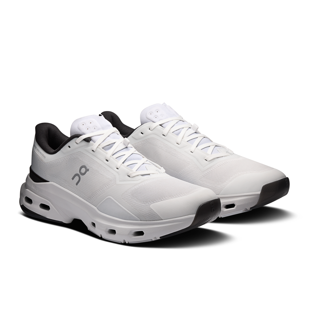 Men's white running shoes, pair view, black collar and CloudTec pod sole