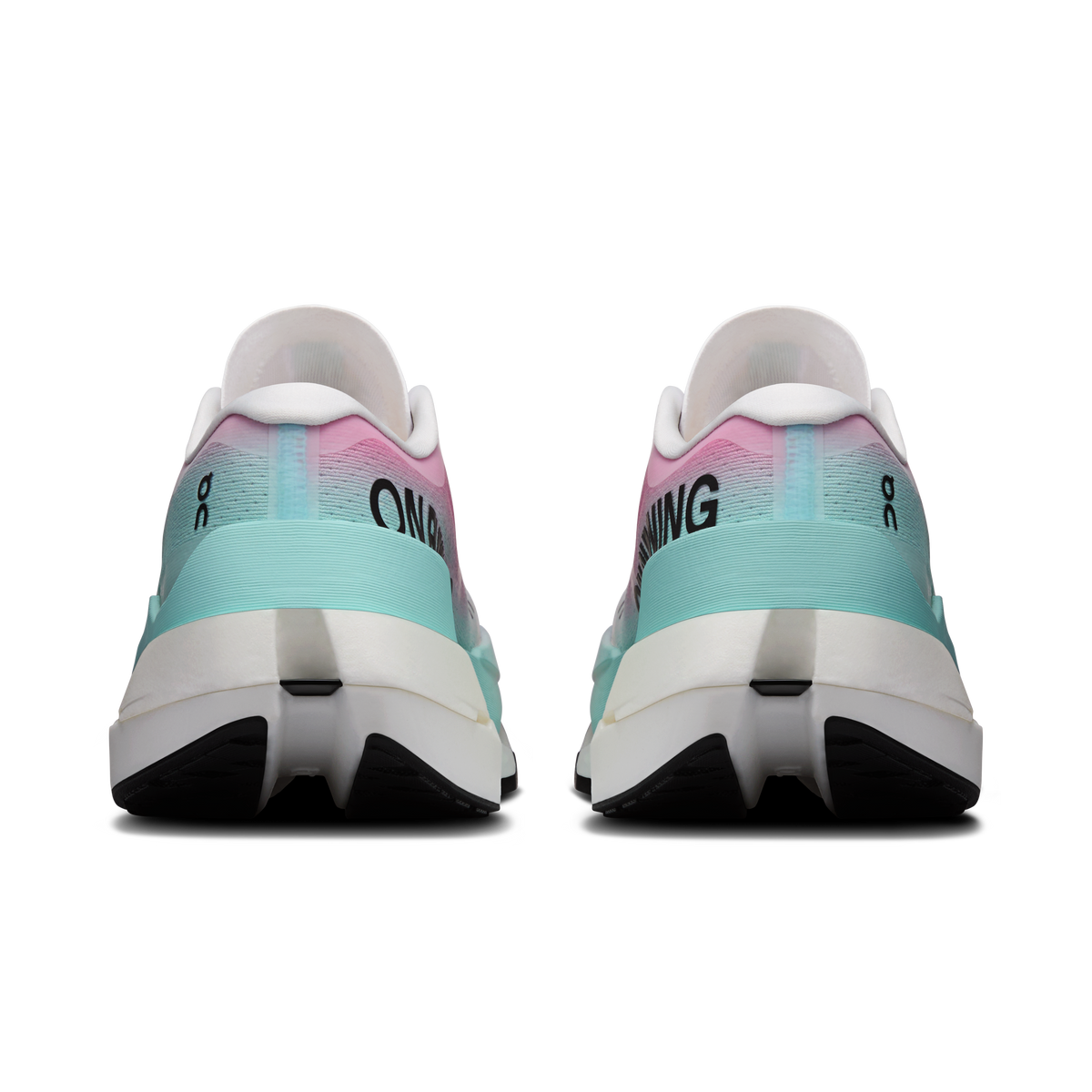 Back view of white running shoes with teal heel trim and pink collar lining