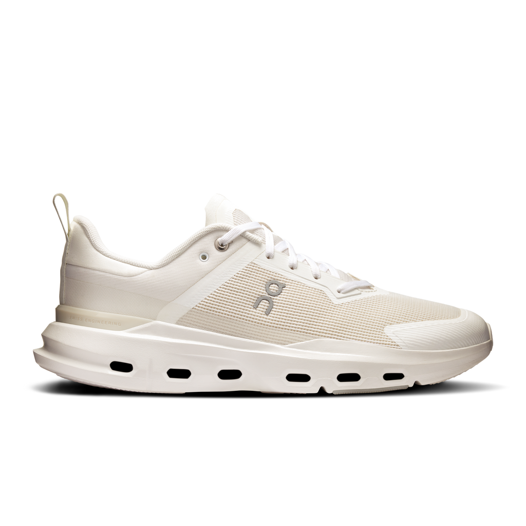 Men's running shoe with white knit upper and lace-up closure, CloudTec sole pods
