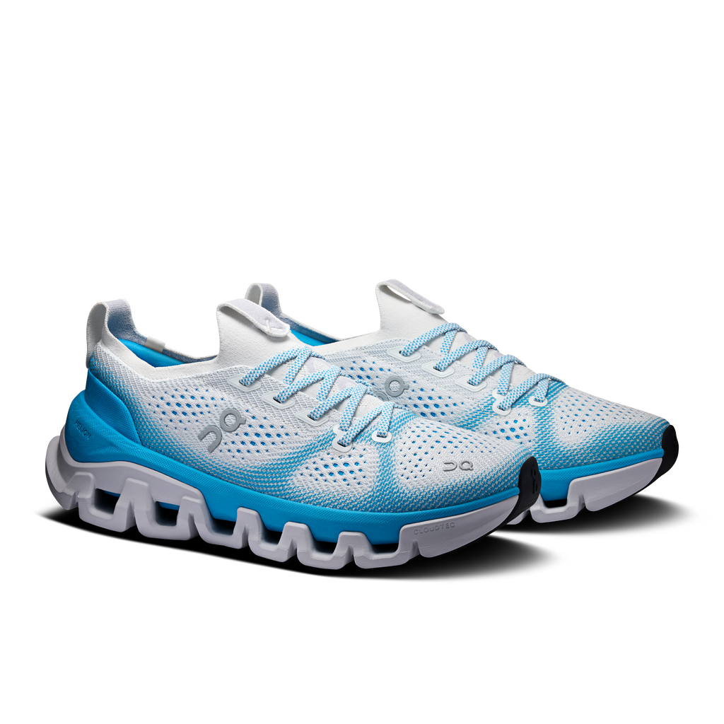 On Cloud X Tempo men's running shoes, lace-up mesh in white and bright blue
