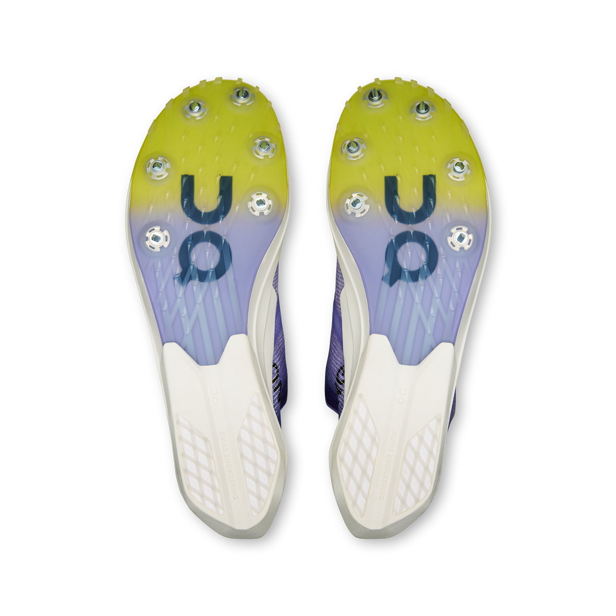 Men's running shoe outsoles with lime traction studs, white sole panels