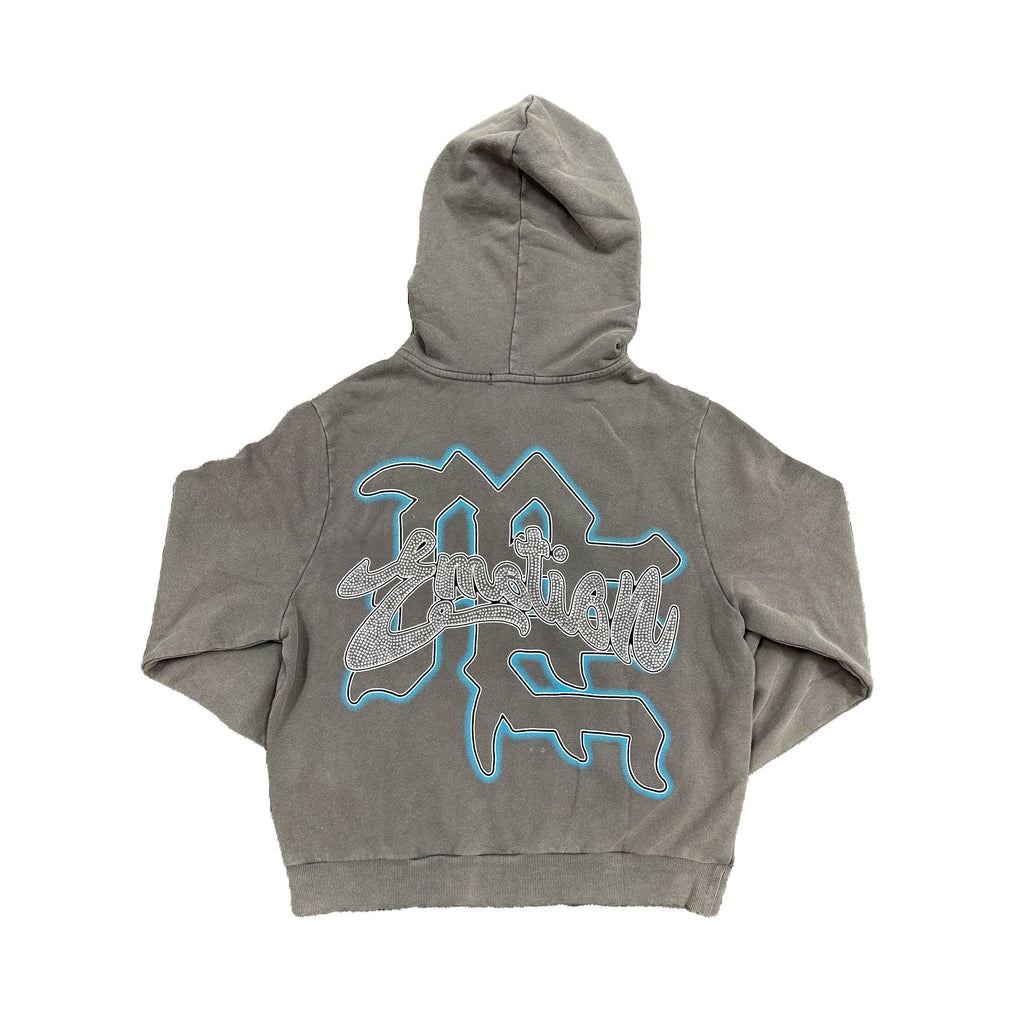 Men's grey rhinestone zip-up hoodie with large back graphic and hood