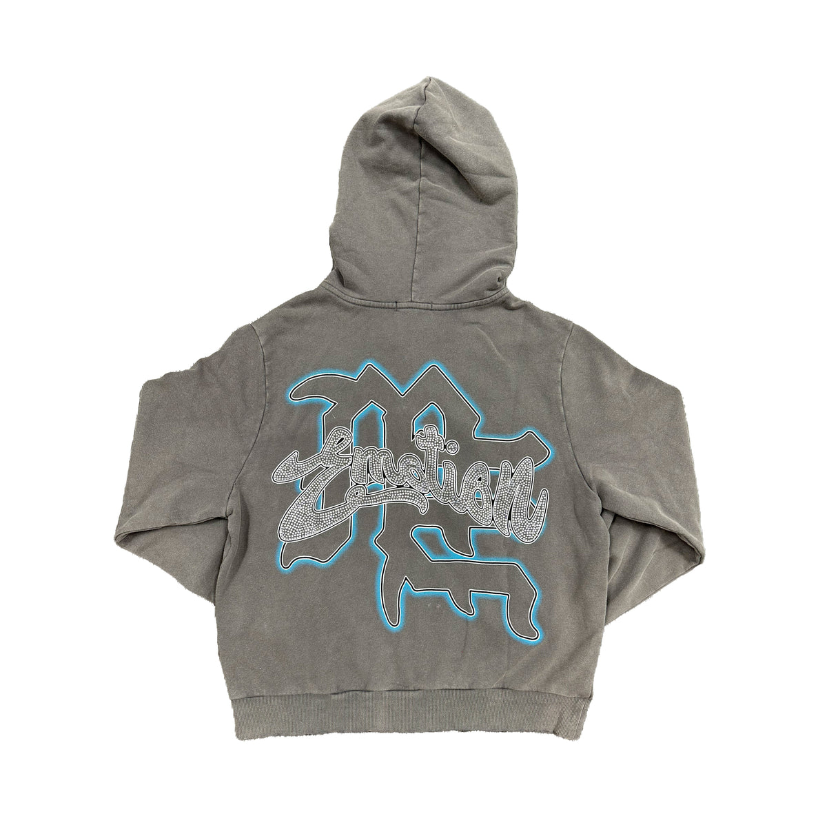Men's grey rhinestone zip-up hoodie with large back graphic and hood