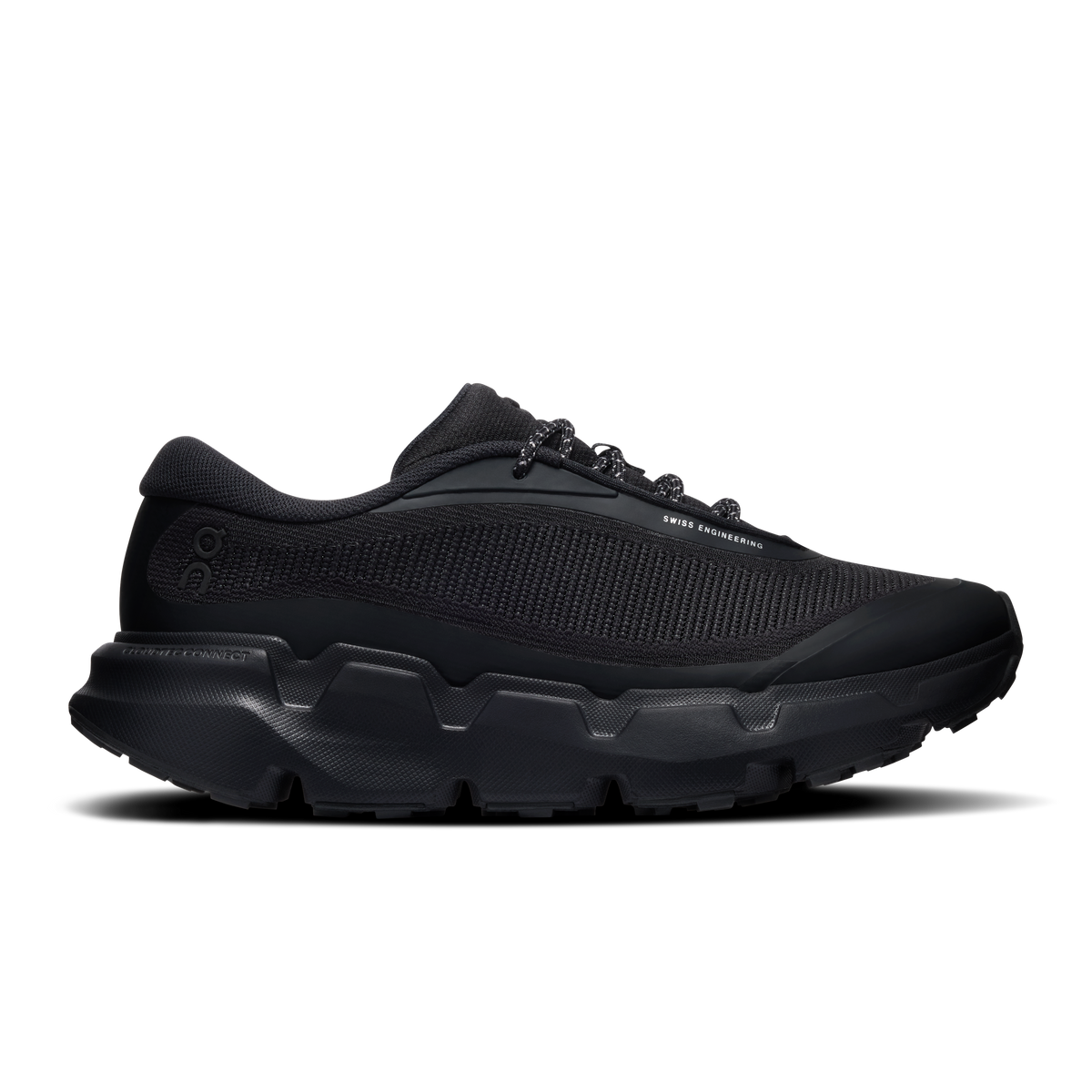 Black lace-up hiking shoes with mesh upper and Cloud-style cushioned sole