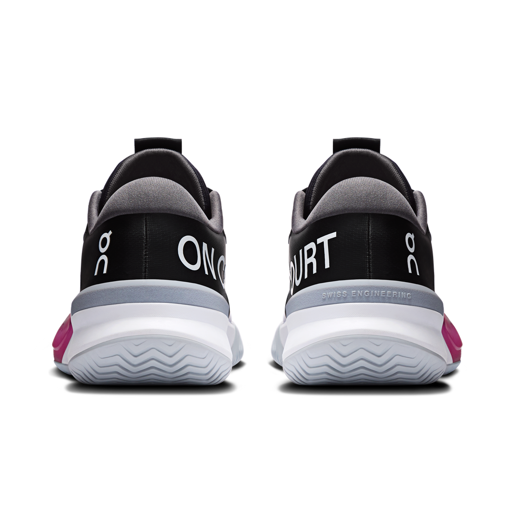 Women's black heel view with white 'ON COURT' lettering, gray collar, pink side tab