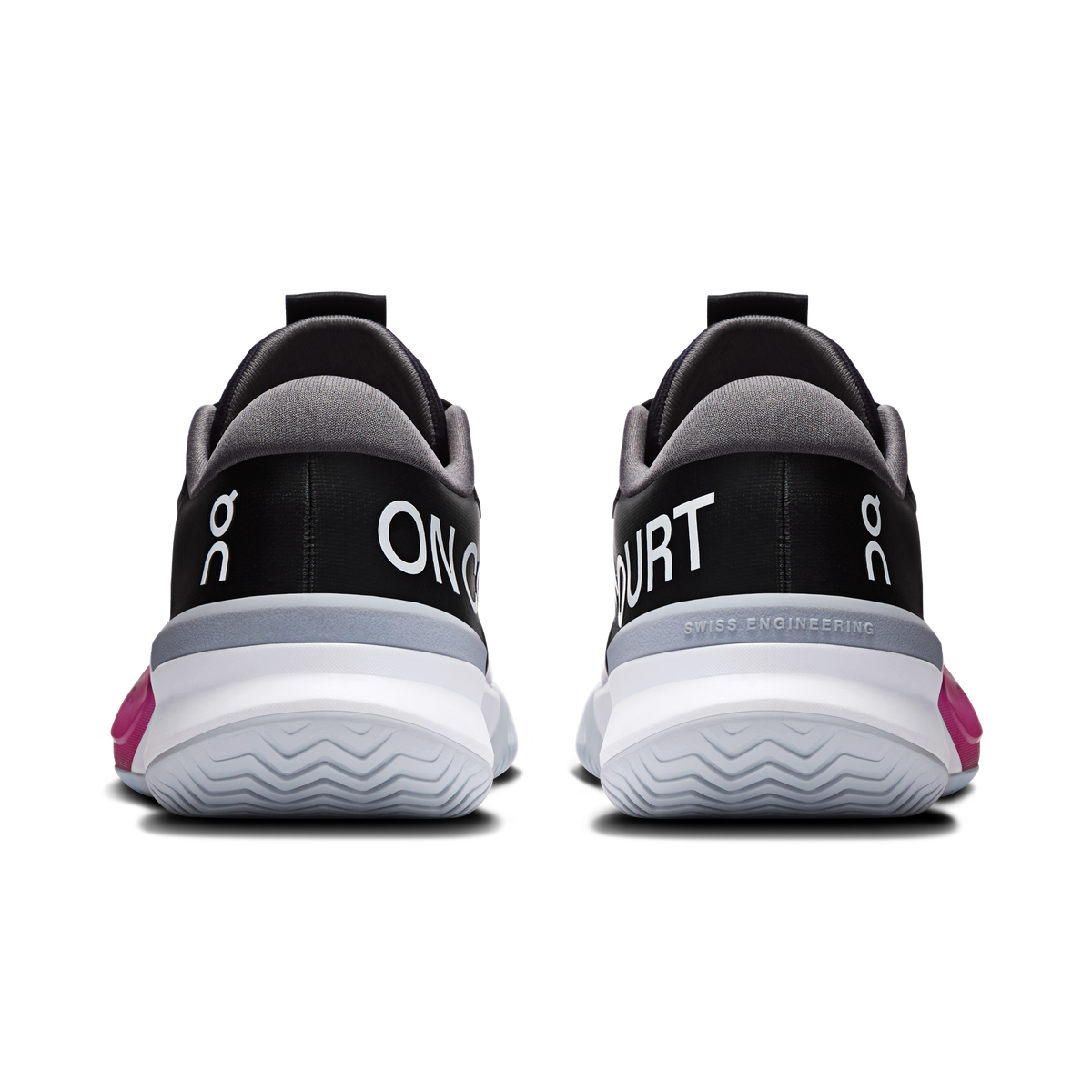 Women's black heel view with white 'ON COURT' lettering, gray collar, pink side tab