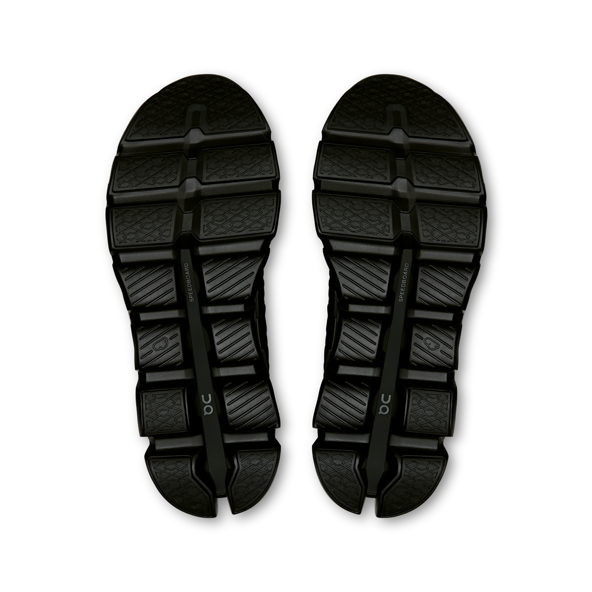 Pair of black outsoles with grid tread and CloudTec heel pods