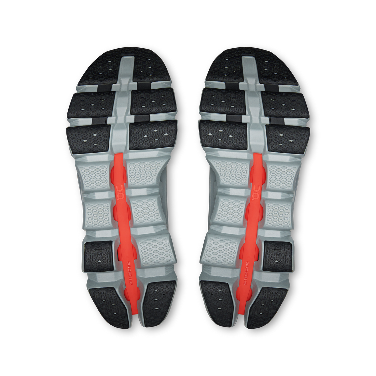 Outsoles of men's On Running Cloudswift Amp shoes with gray tread and red center stripes