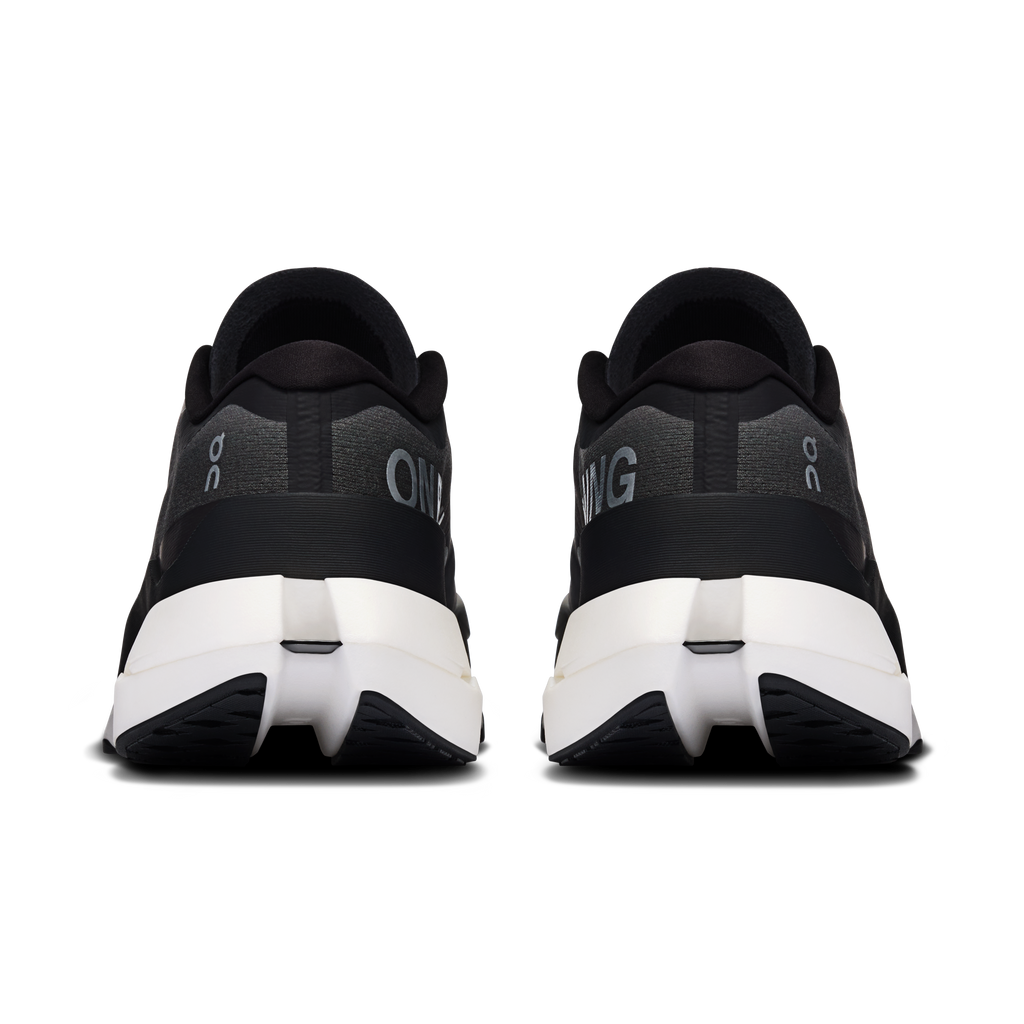 On Cloudboom Max men's running shoes, black heel with white midsole and logo